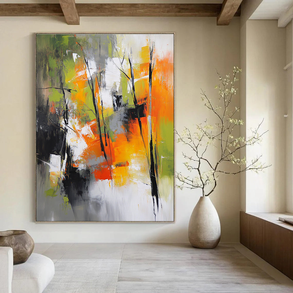 Abstract painting featuring a vibrant autumn forest with green yellow and red hues set against a backdrop of gray white and orange colors.STSC759