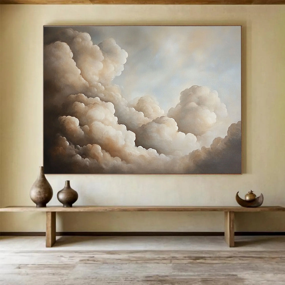 A large abstract oil painting featuring muted-colored clouds that evoke a serene atmosphere and invite deep contemplation.SC541