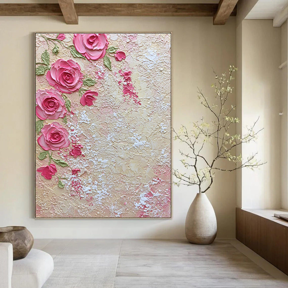 A large abstract painting featuring pink roses and green leaves with lace-like textures evokes romance and elegance for home decor.STSC931