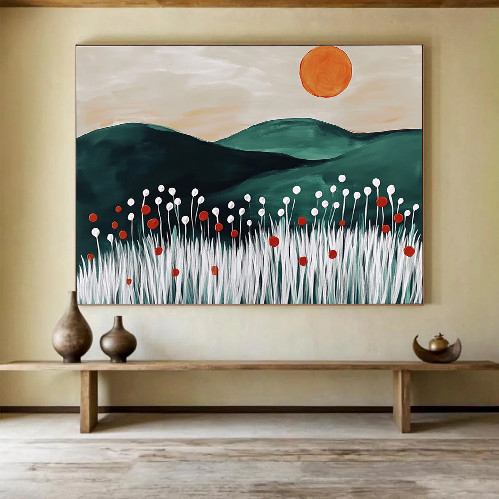 A large abstract painting featuring dark green hills white wheat stalks red flowers and an orange sun inspired by Matisse's minimalist style.SC465