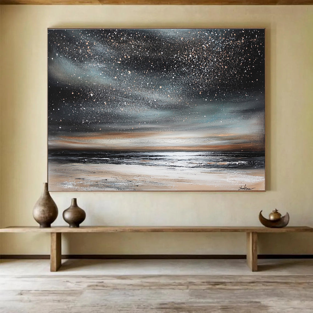 Starry Night Beach Abstract Painting with Dark and Shimmering Tones DYP120
