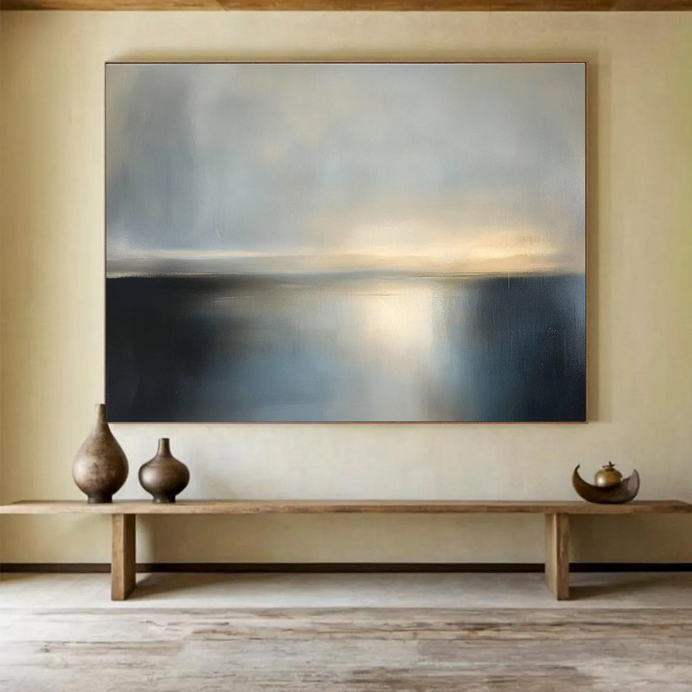 Large abstract painting featuring a tranquil dusk sky and sea in soft gray tones, evoking serene stillness with a minimalist style.SC079