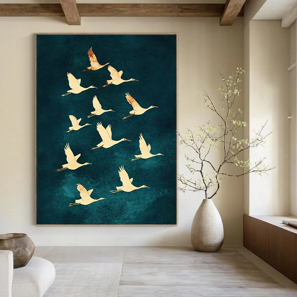 A large abstract painting of ten white cranes in graceful S-shaped flight against a dark blue watercolor background showcasing elegance and beauty.STSC1304