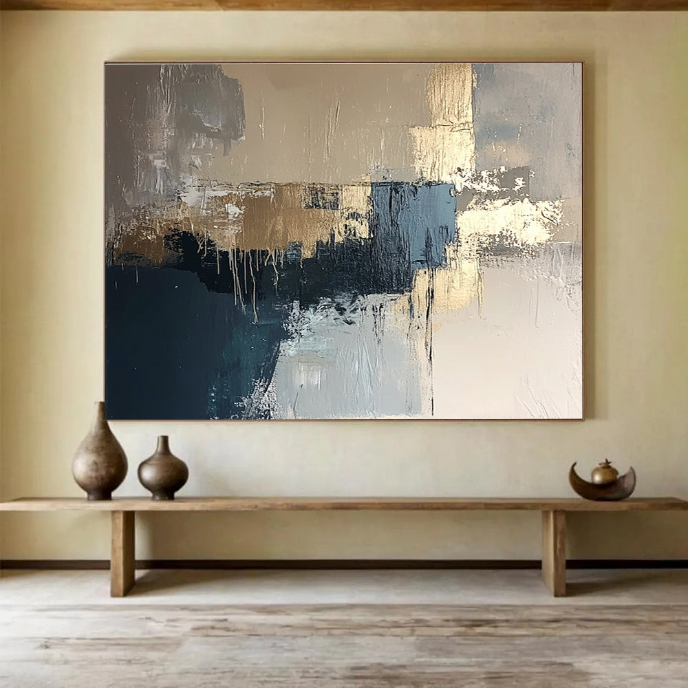 Gold and Blue Abstract Painting with Dripping Textures DYP385