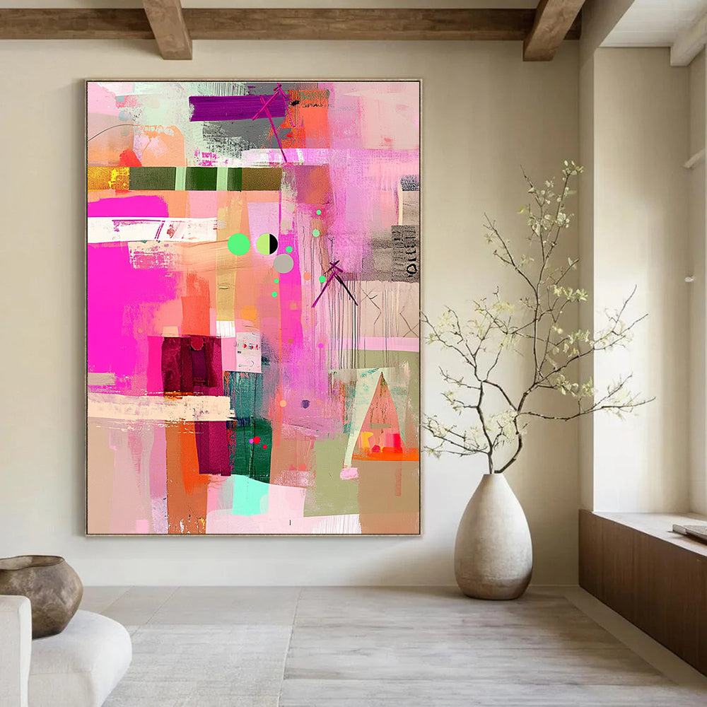 Large abstract painting featuring pink green and beige with playful textures patterns and a whimsical vintage style.STSC786
