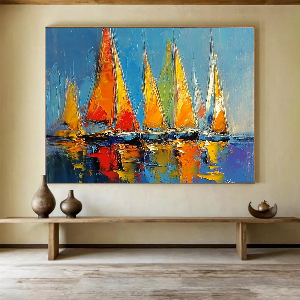 Colorful Sailboats Abstract Painting with Vibrant Sails DYP433