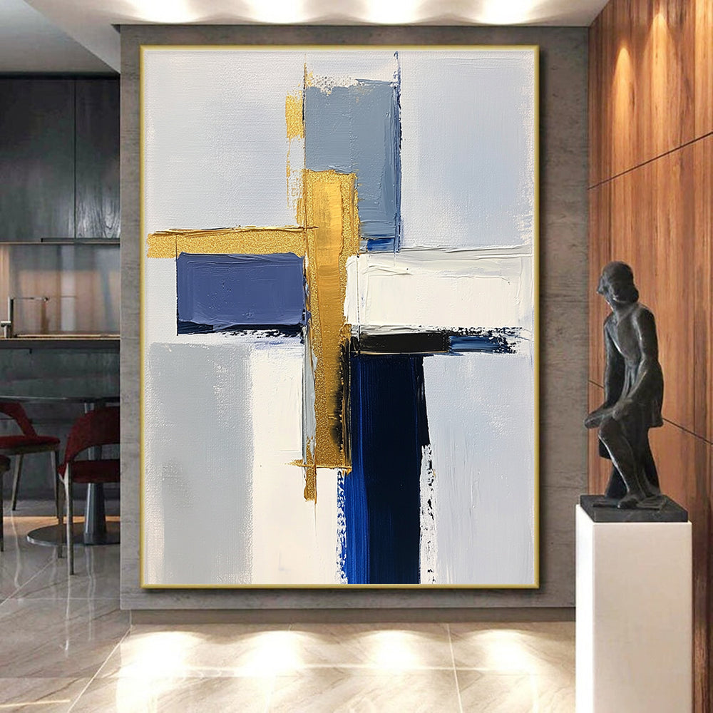 Blue and Gold Abstract Painting with Layered Geometry GER567
