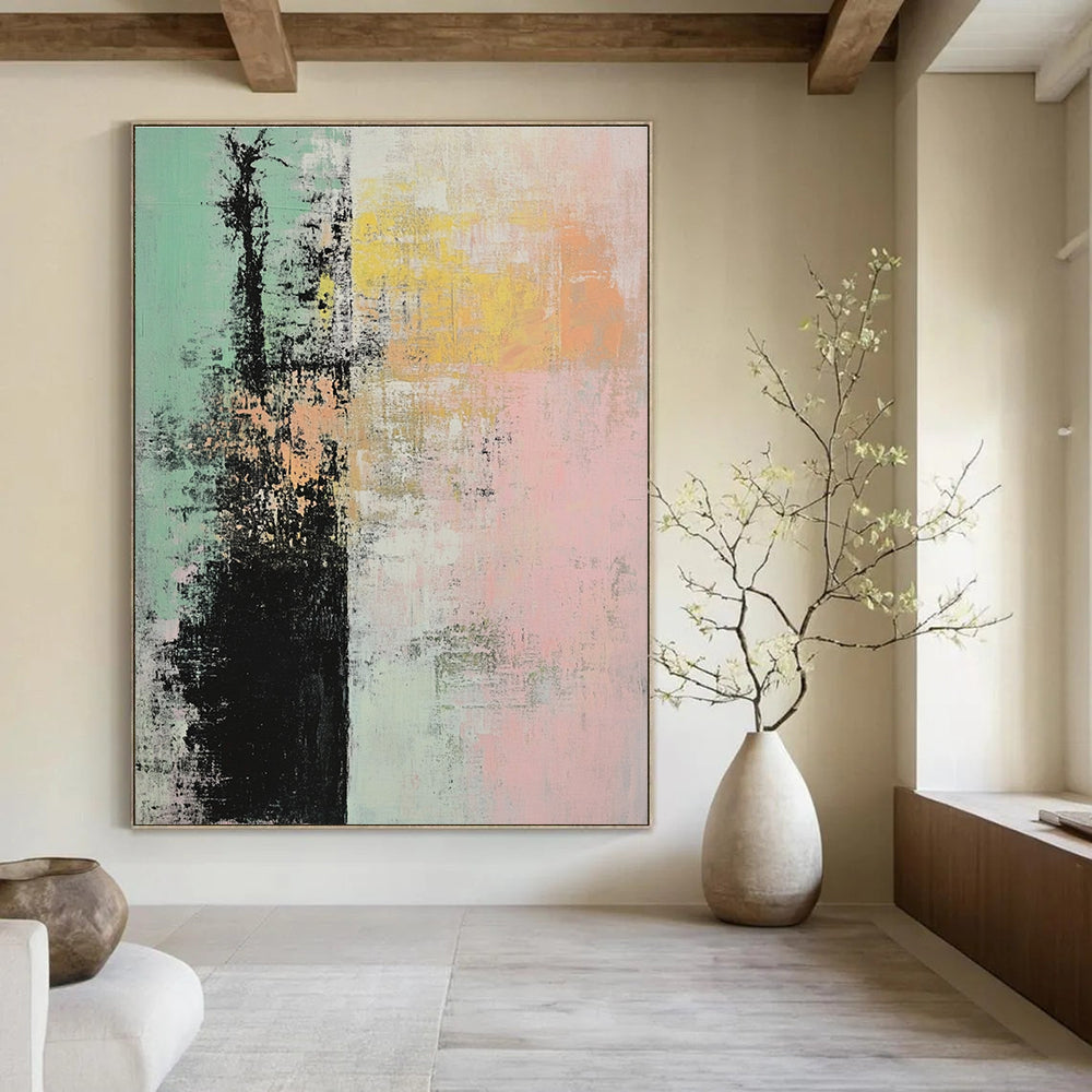Large abstract painting featuring soft pink green and yellow hues with textured layers creating a serene tree motif against a tranquil background.STSC796