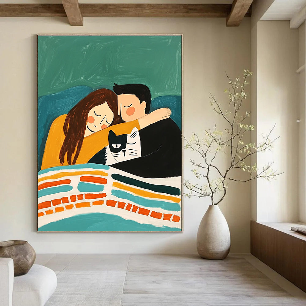 An abstract painting depicting a couple cuddling on a sofa with their cat under a colorful striped blanket against an emerald green background.STSC974