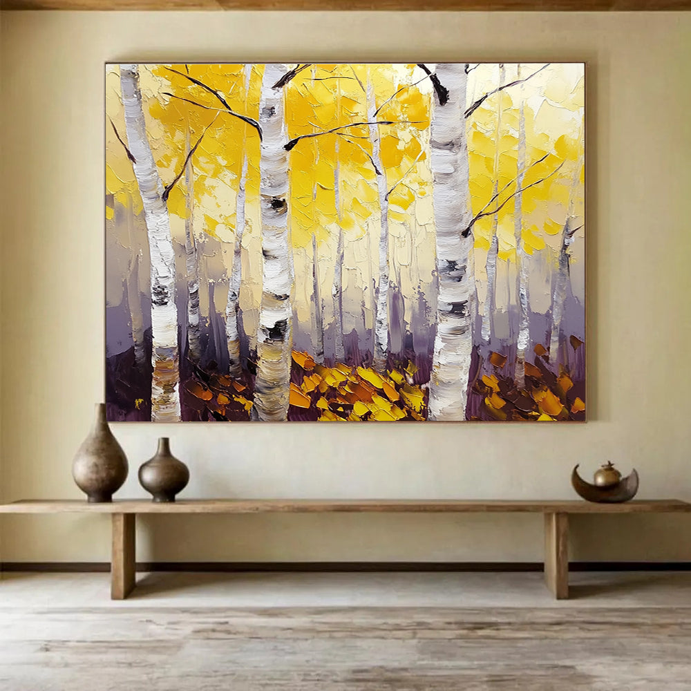 Large abstract painting of birch trees with vibrant yellow leaves featuring textured palette knife details and thick brush strokes on canvas.SC407