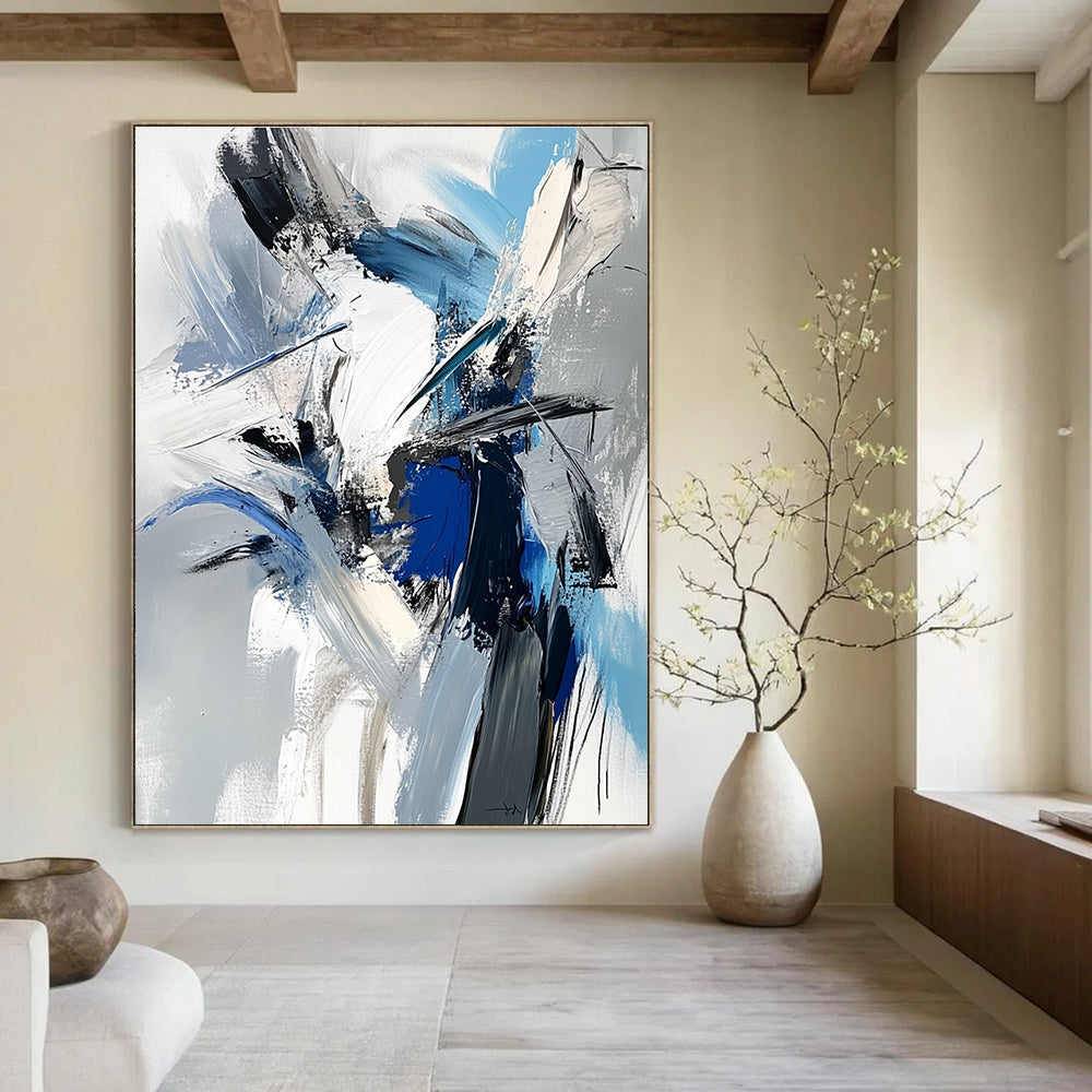 Large abstract painting featuring a dynamic human figure in white blue and gray with textured brushstrokes and a dark mood.STSC717