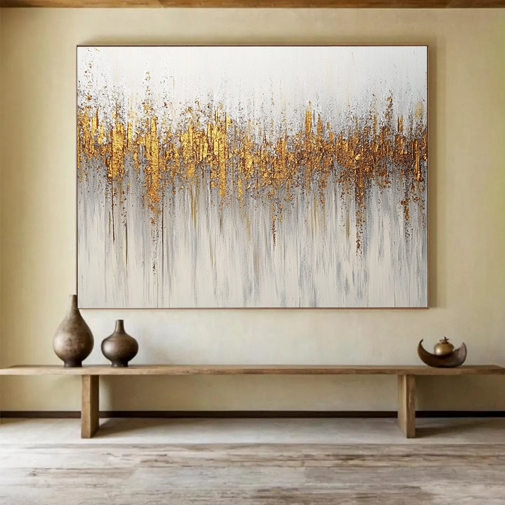 Large abstract painting featuring gold and silver glitter texture on a minimalist white background with neutral tones.SC209