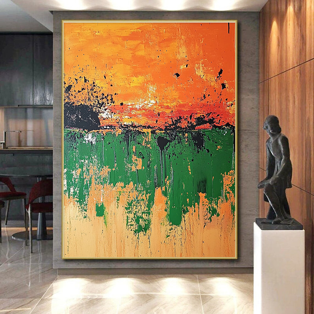 Orange Green Drip Abstract Painting with Bold Layers GER493