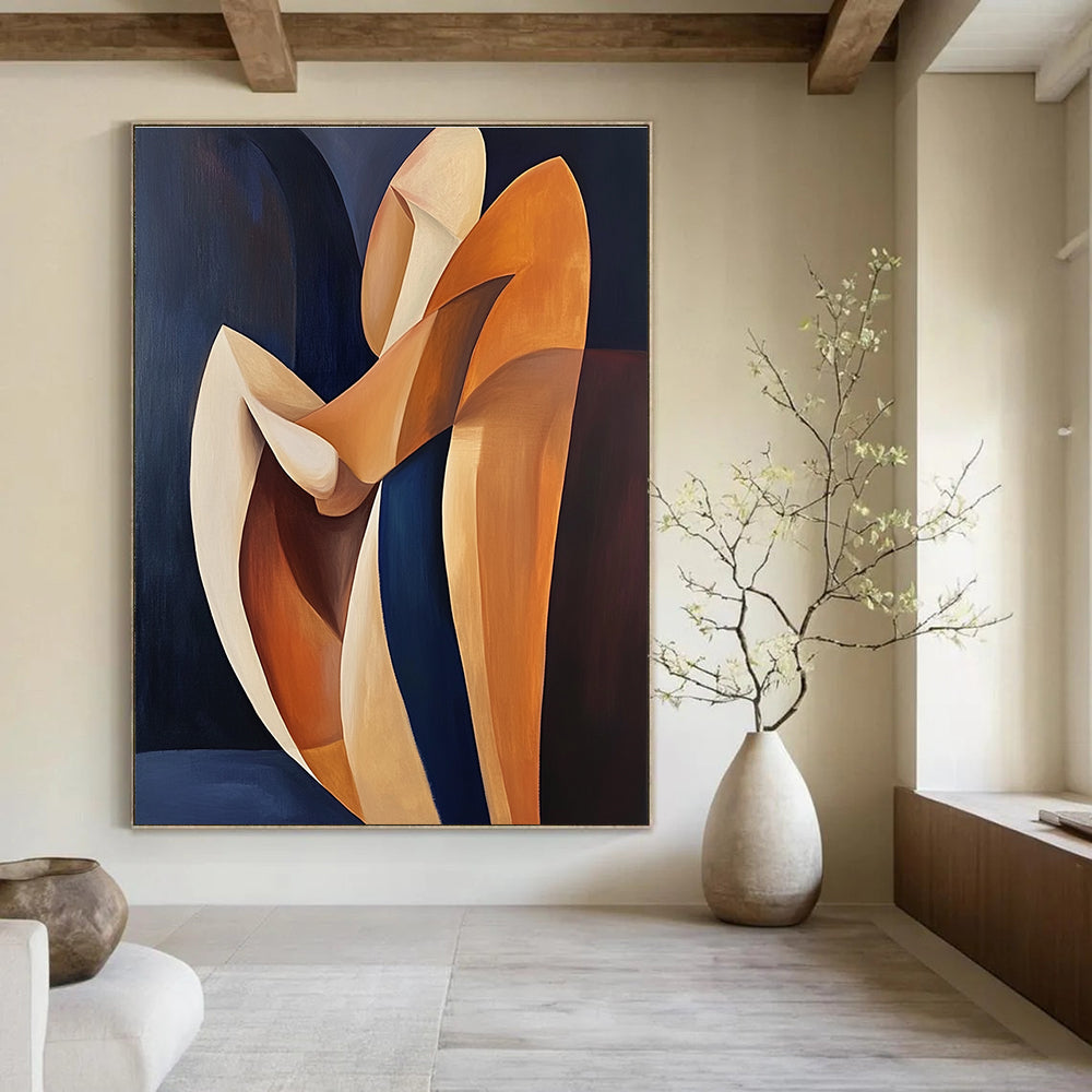 Abstract oil painting in Picasso style featuring orange and navy blue colors with a figure resting on wooden shapes and minimalist lines.STSC1372