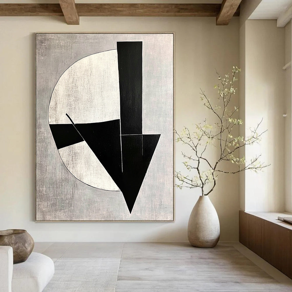 Large abstract painting with black and white shapes on a gray background featuring modernist simplicity and deconstructed minimalism with subtle tonal values.STSC1112