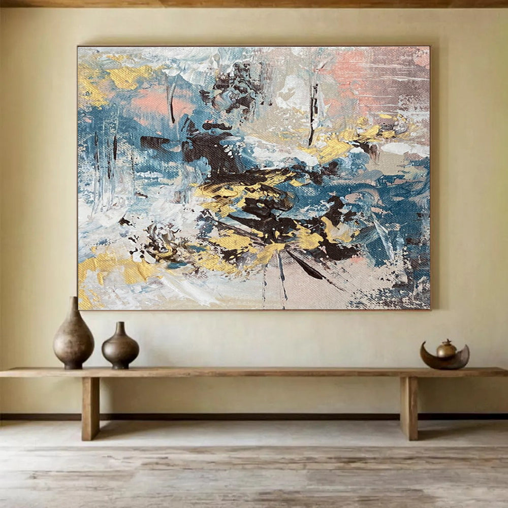 Colorful Abstract Blend Painting with Blue, Yellow, and Pink Hues THY340