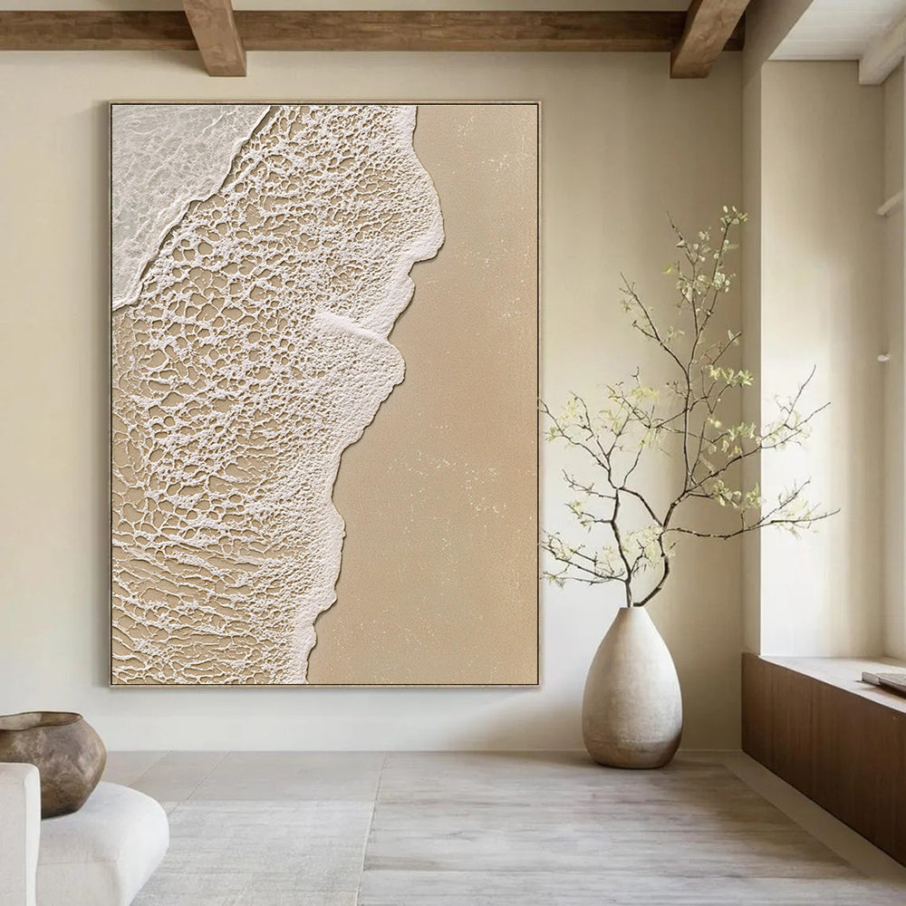 Abstract painting of a serene beach scene highlighting intricate textures of sand and water in soothing beige and white tones.STSC953