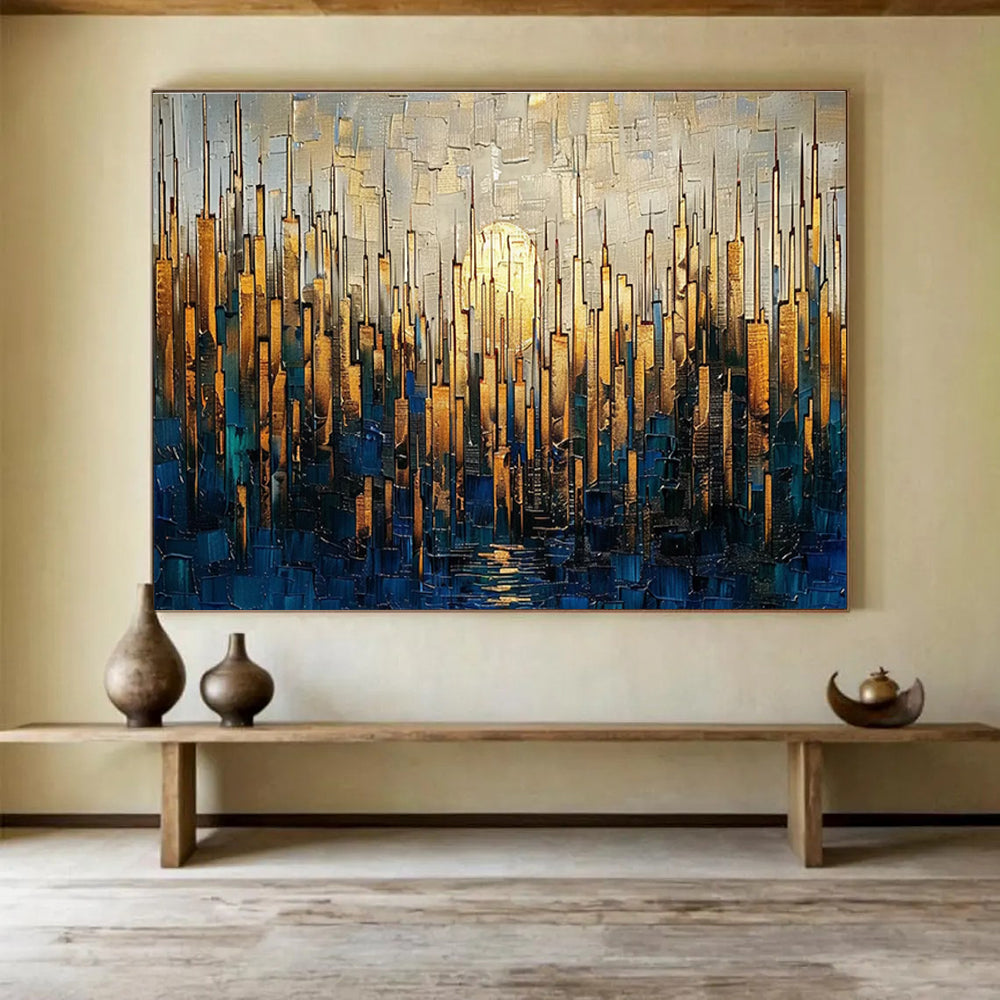 Golden City Skyline Abstract Painting with Gold, Blue, and Grey Tones THY172