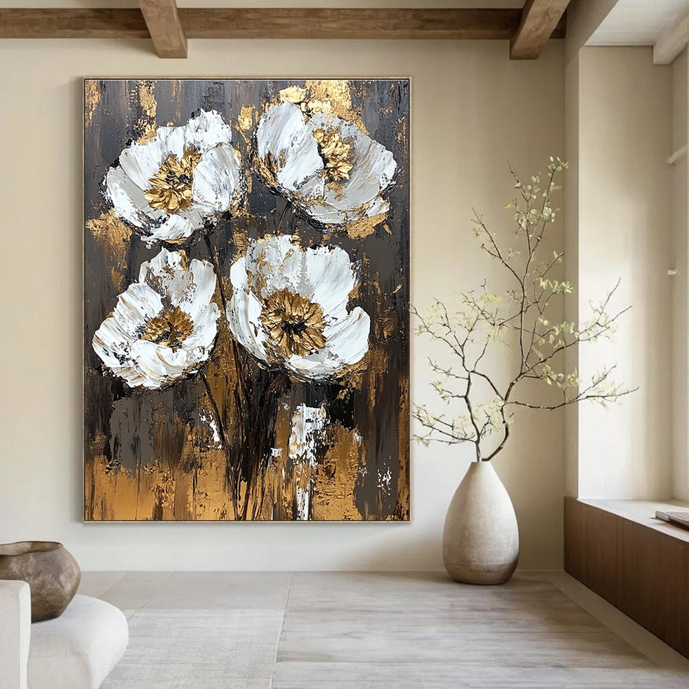 Large abstract painting featuring textured white and gold flowers on a dark brown background with vintage-style brush strokes and rich emotional depth.STSC834