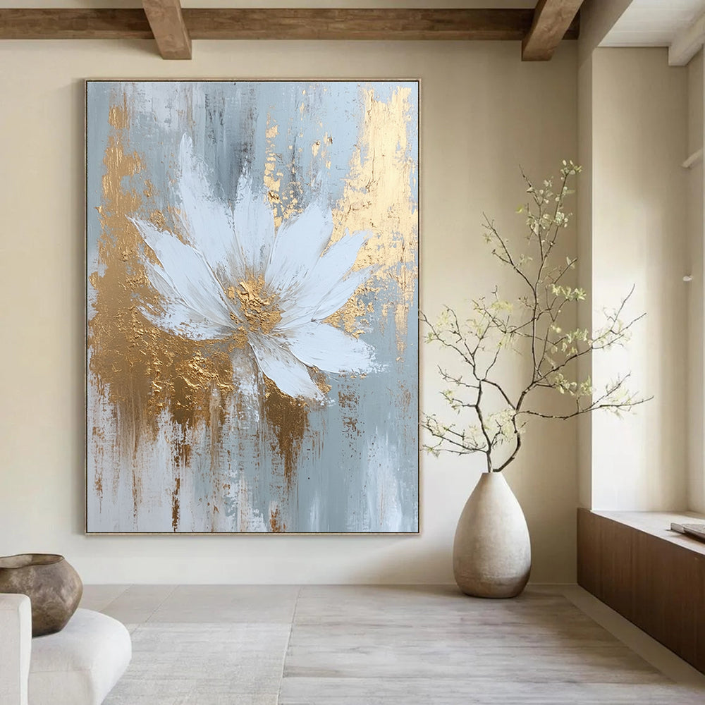 Large abstract painting featuring white and gold hues with textured brush strokes and atmospheric effects in a dreamy misty style.STSC381
