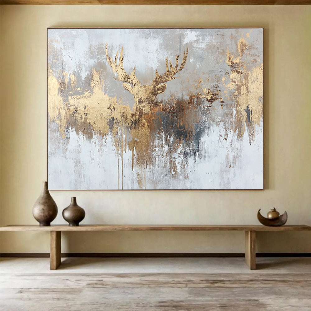 Gold and Gray Abstract Painting with a Golden Deer Silhouette DYP393