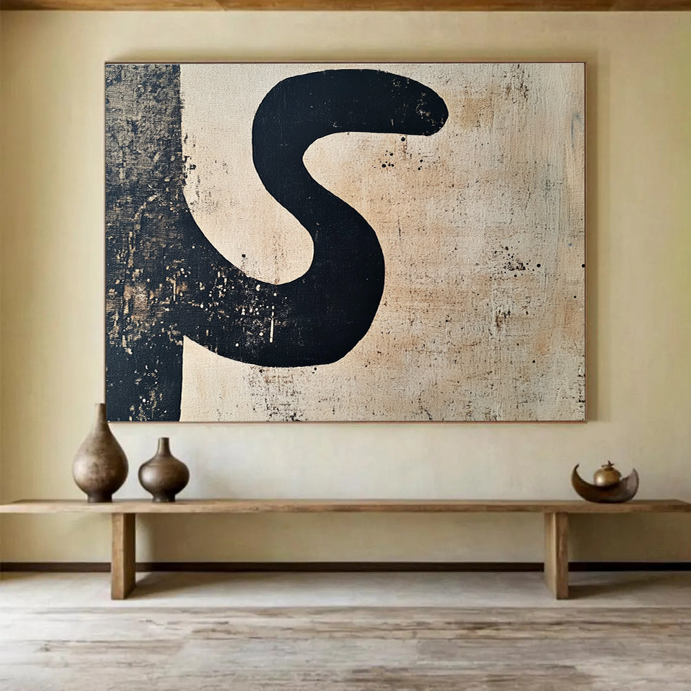A large abstract painting featuring the letter S in black and beige, perfect for modern decor and minimalist aesthetics.SC501