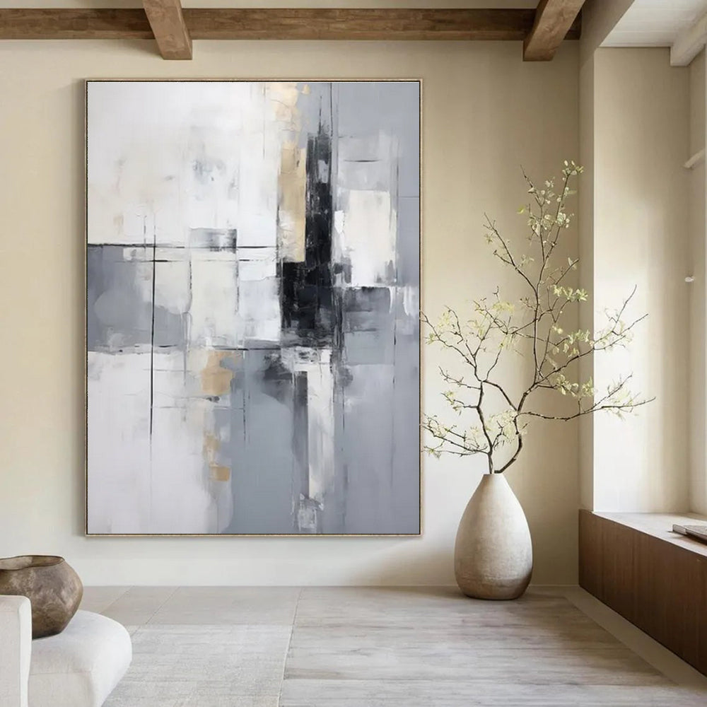 Gray and Gold Geometric Abstract Painting with Black Accents ADGE138