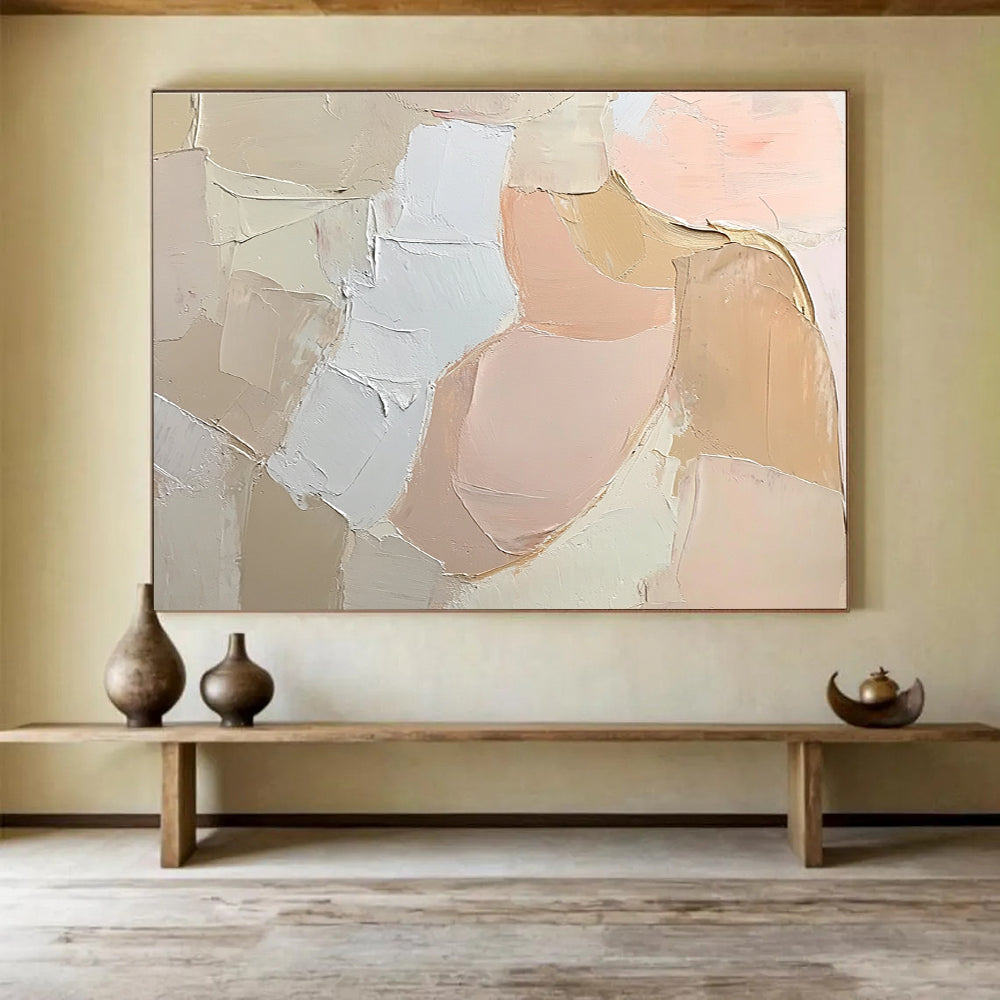 Large abstract painting featuring soft pink tones and textured brush strokes, presenting a free-flowing form of an abstract woman against a neutral background.SC103