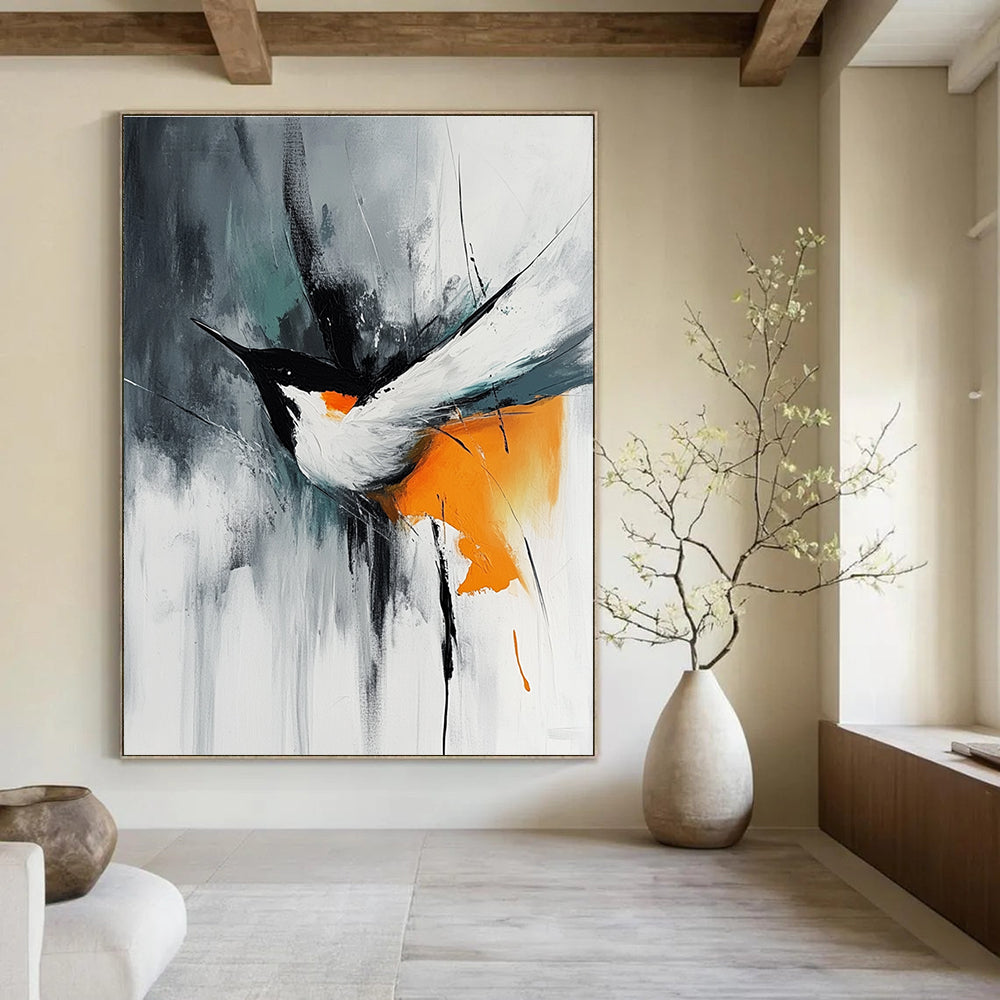 Abstract painting featuring an orange white and black bird in flight with minimalistic brush strokes on a gray background in the style of Marcin Sobas.STSC662