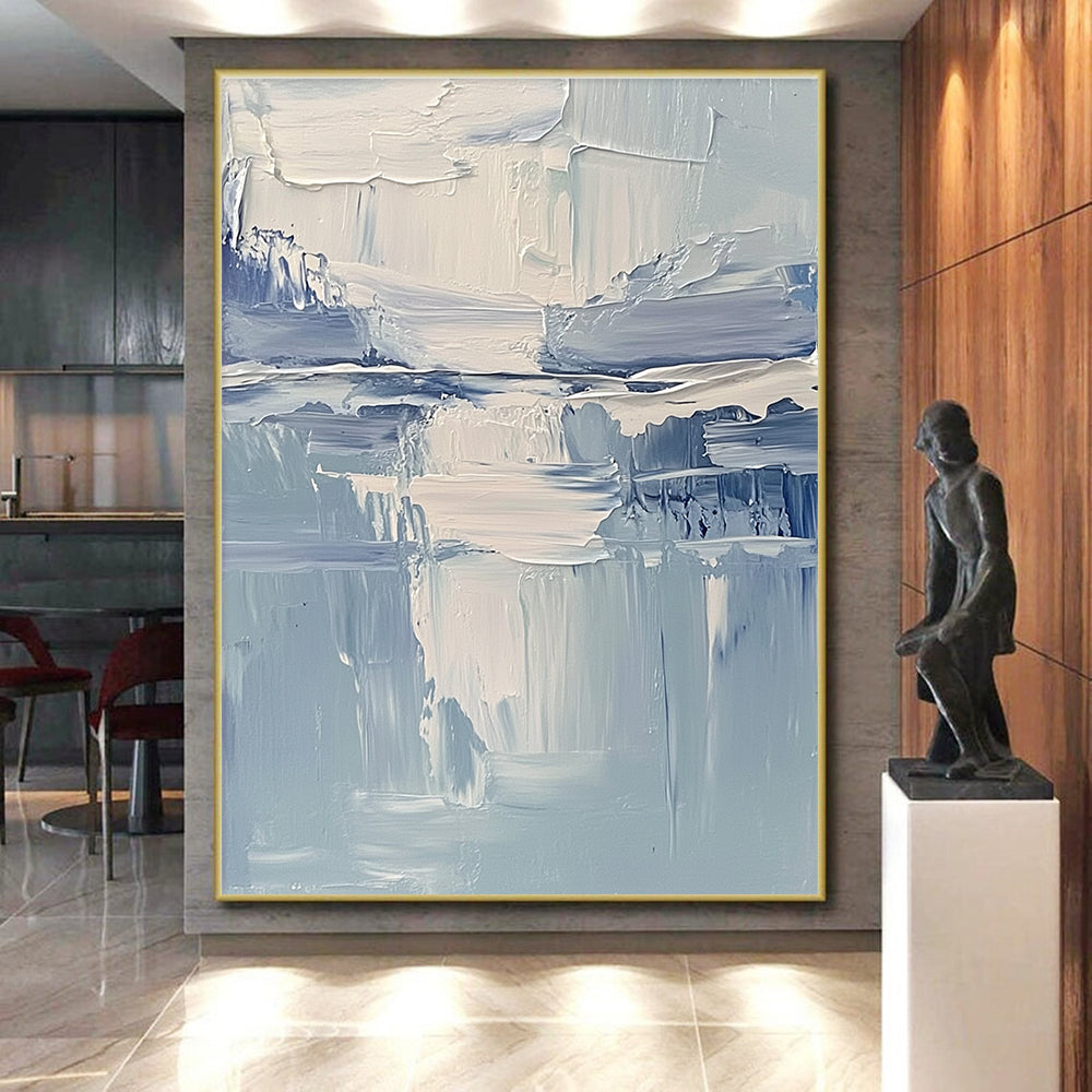 Blue White Textured Abstract Painting with Layered Brushstrokes GER761