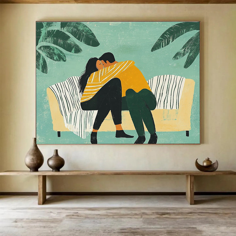 An abstract illustration of a couple embracing on a couch under a striped blanket surrounded by minimalistic plants in bold colors.SC400