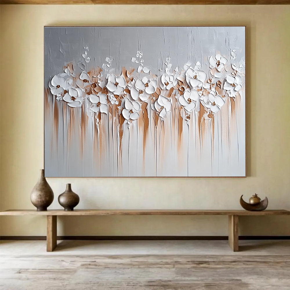White Flowers with Brown Drips Abstract Painting in 3D Textures DYP452