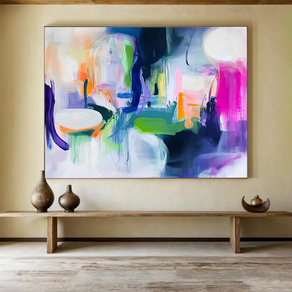 A large abstract painting featuring bright neon colors, thick brush strokes and loose shapes in white, green, purple, blue, pink, orange, and yellow.SC373