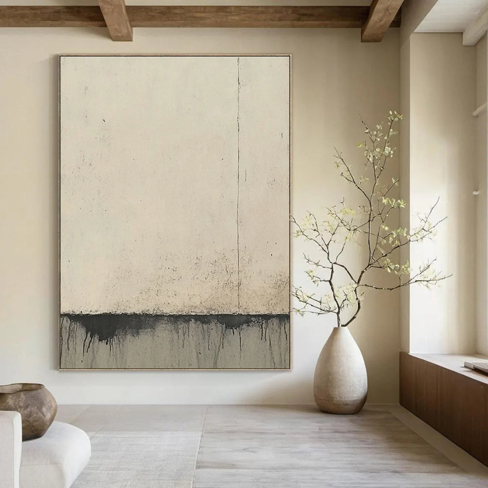 Large Abstract Painting Featuring Concrete Wall Edges In Soft Beige And Gray Tones Evoking Simplicity And Elegance.STSC950