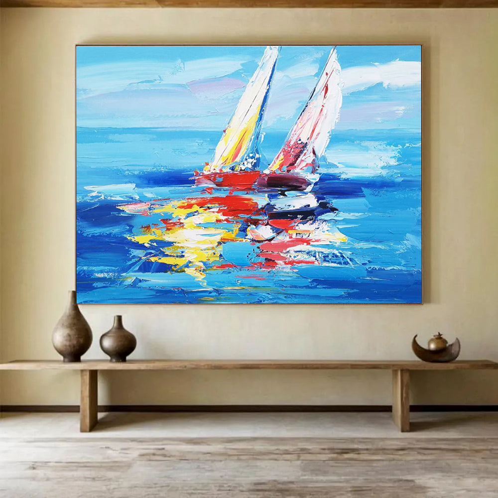 Colorful Sailboats Abstract Painting with Bold Blue and Vibrant Reflections THY268
