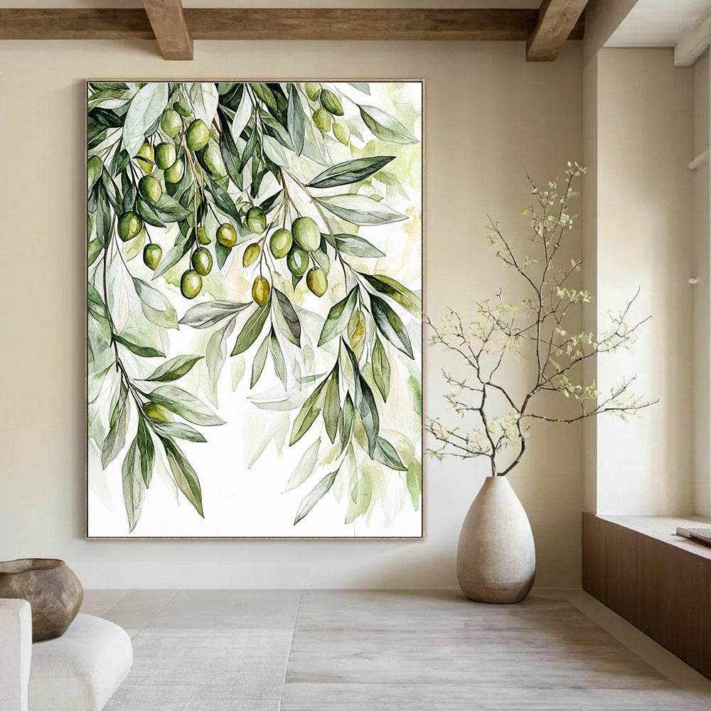 Large abstract painting featuring detailed olive tree foliage in soft greens and whites with olives creating a warm inviting atmosphere.STSC1460