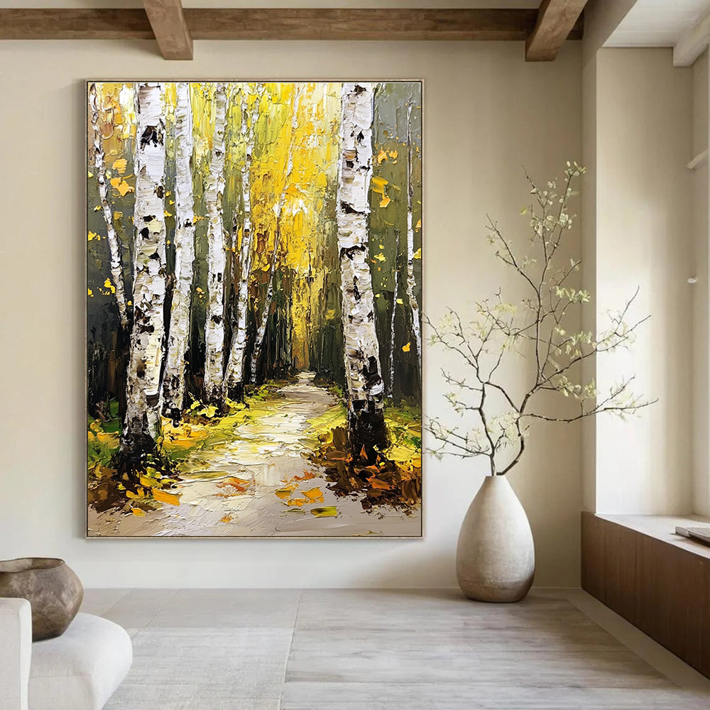 Abstract painting of a birch forest with green and yellow leaves thick white bark trees and a path illuminated by light.STSC1272