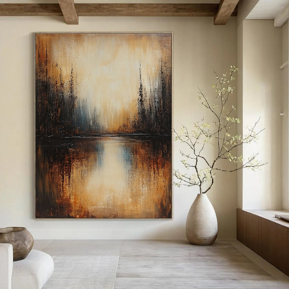 Large abstract painting of a lake with dark beige trees in brown and grey tones under low lighting creating a serene atmosphere.STSC168