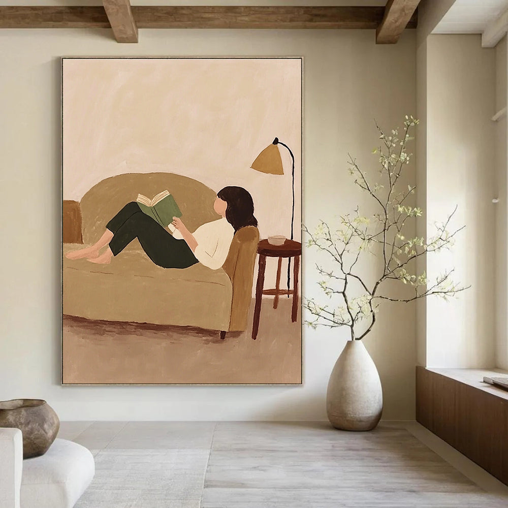 A large abstract painting featuring Krent-7 with whimsical patterns and vibrant fabric scraps on a beige background.STSC1262