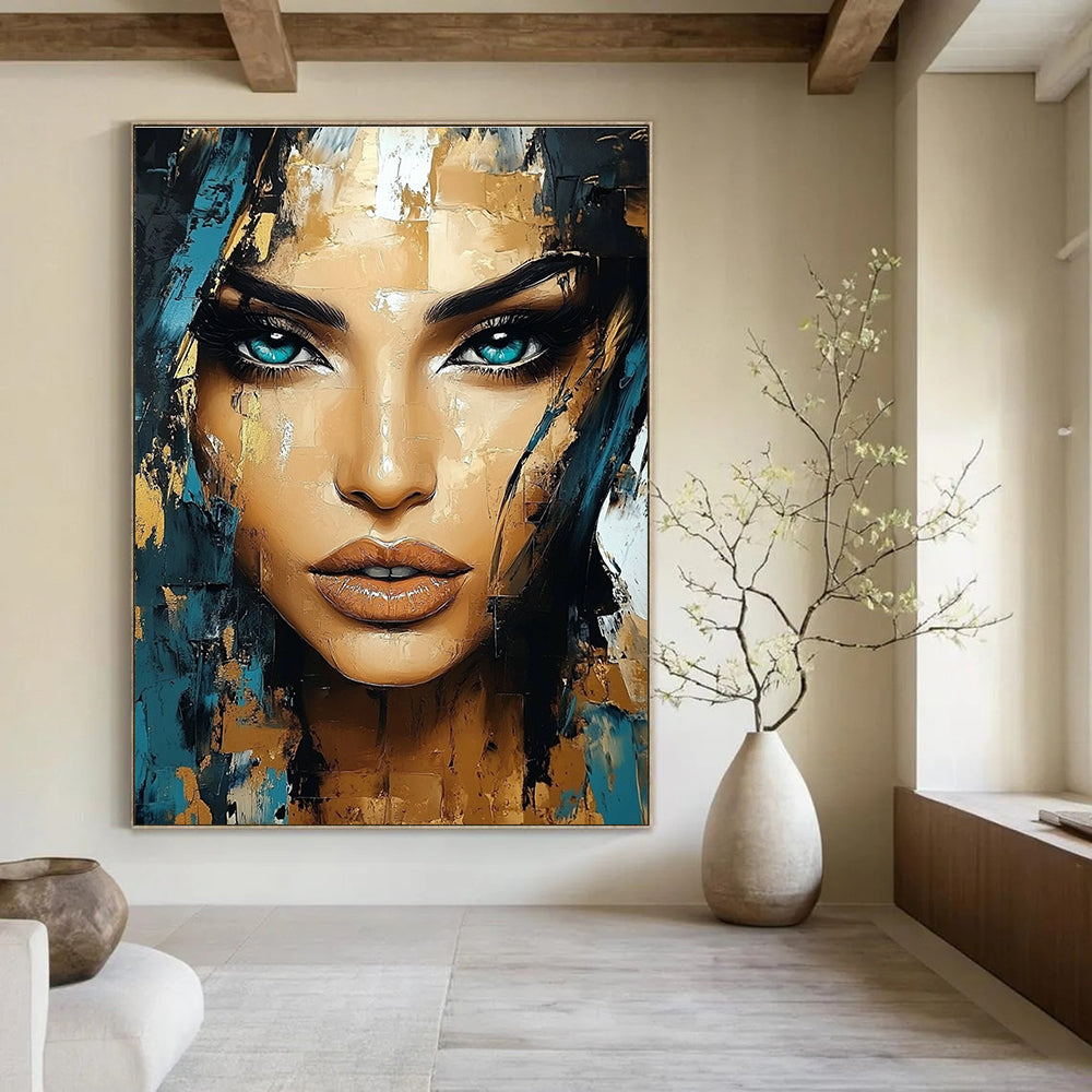 Abstract portrait of a beautiful woman with turquoise eyes and gold accents featuring expressive brush strokes and intricate details in the style of Ismail Inceoglu.STSC456