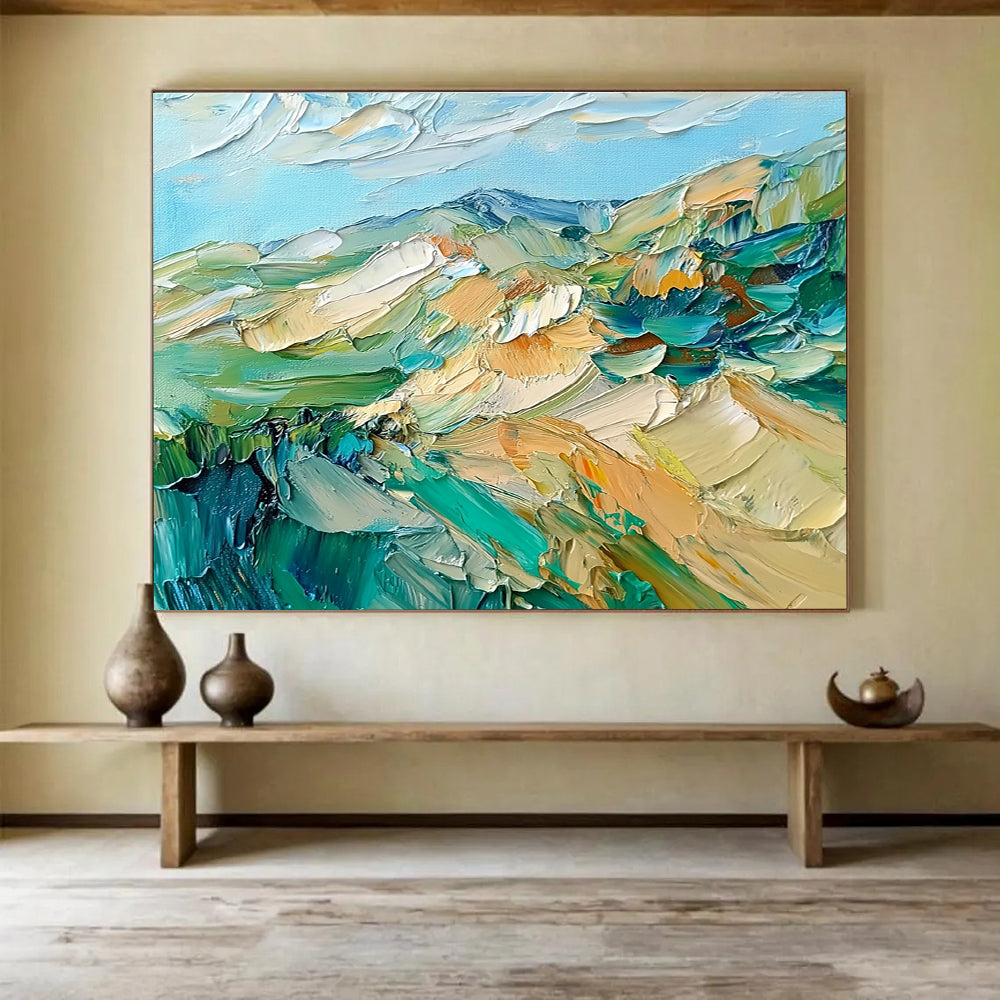 Textured Mountain Landscape Abstract Painting with Green Blue and Beige DYP287
