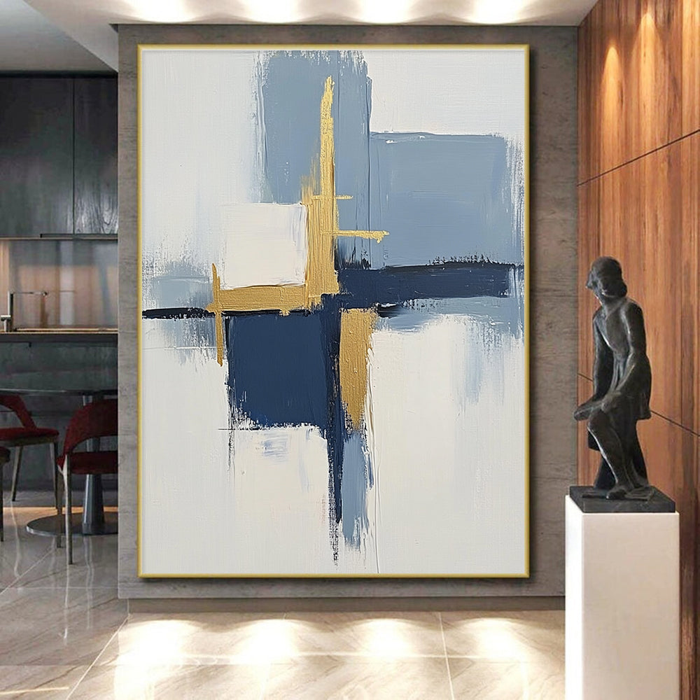 Blue and Gold Abstract Painting with Geometric Forms GER566