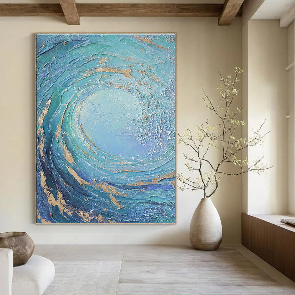 Blue and Gold Swirl Abstract Painting with Textured Layers ADGE332