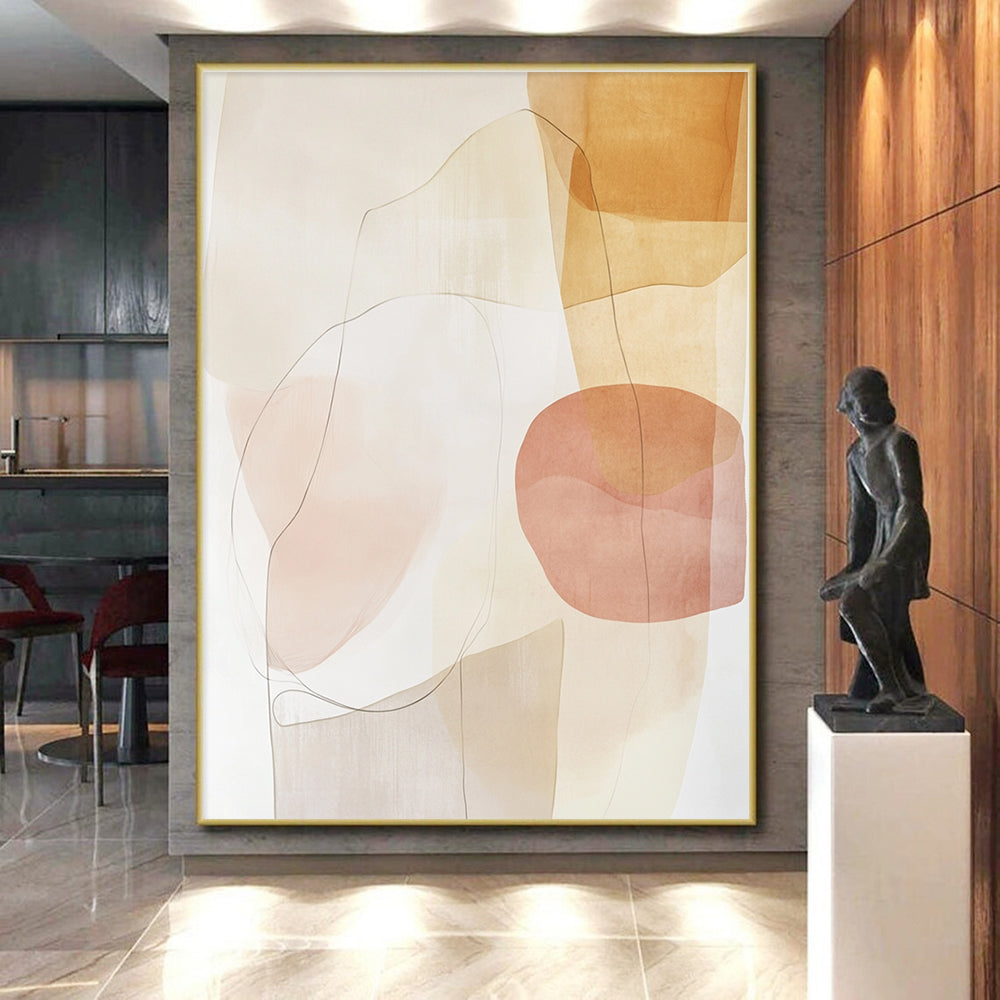 Soft - Toned Beige and Pink Abstract Painting with Delicate Lines GER260