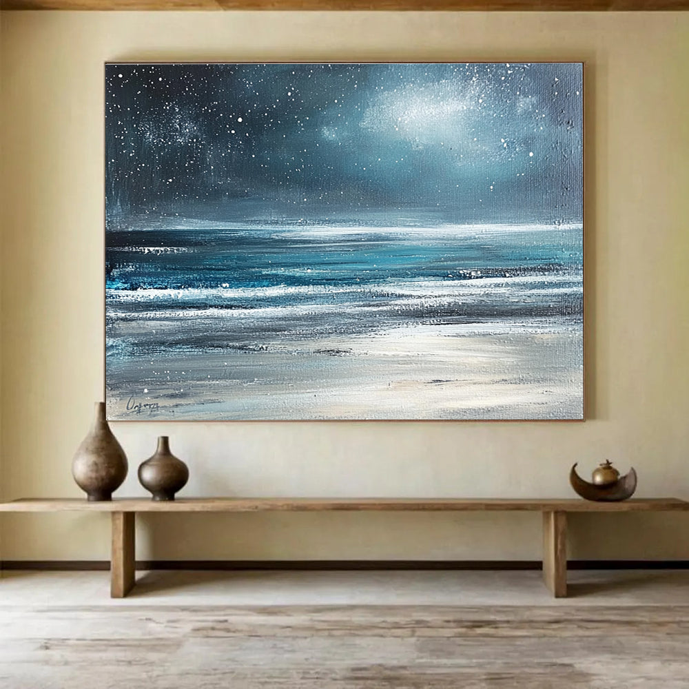 Starry Sea Beach Abstract Painting with Dark Blue and Silver Tones DYP570