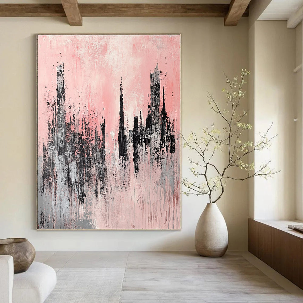 Large abstract painting of skyscrapers featuring light pink and grey colors with soft brush strokes in a modern urban landscape style.STSC331