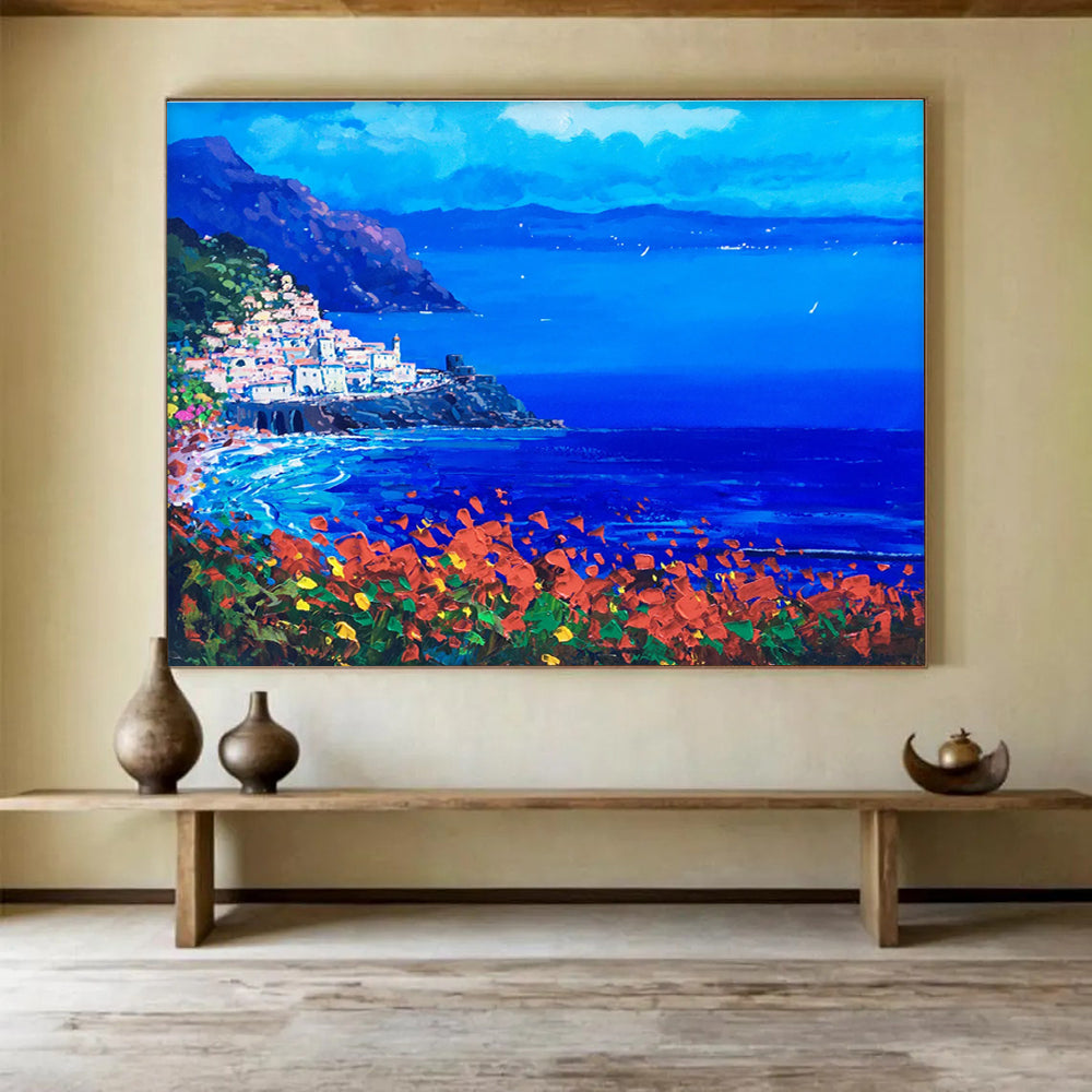 Cliffside Village at Night Abstract Painting THY434