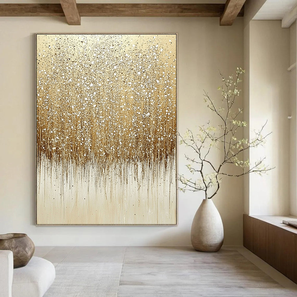 Large abstract painting of glittering sand with ombre beige and white colors featuring numerous sparkles on a clean background.STSC681