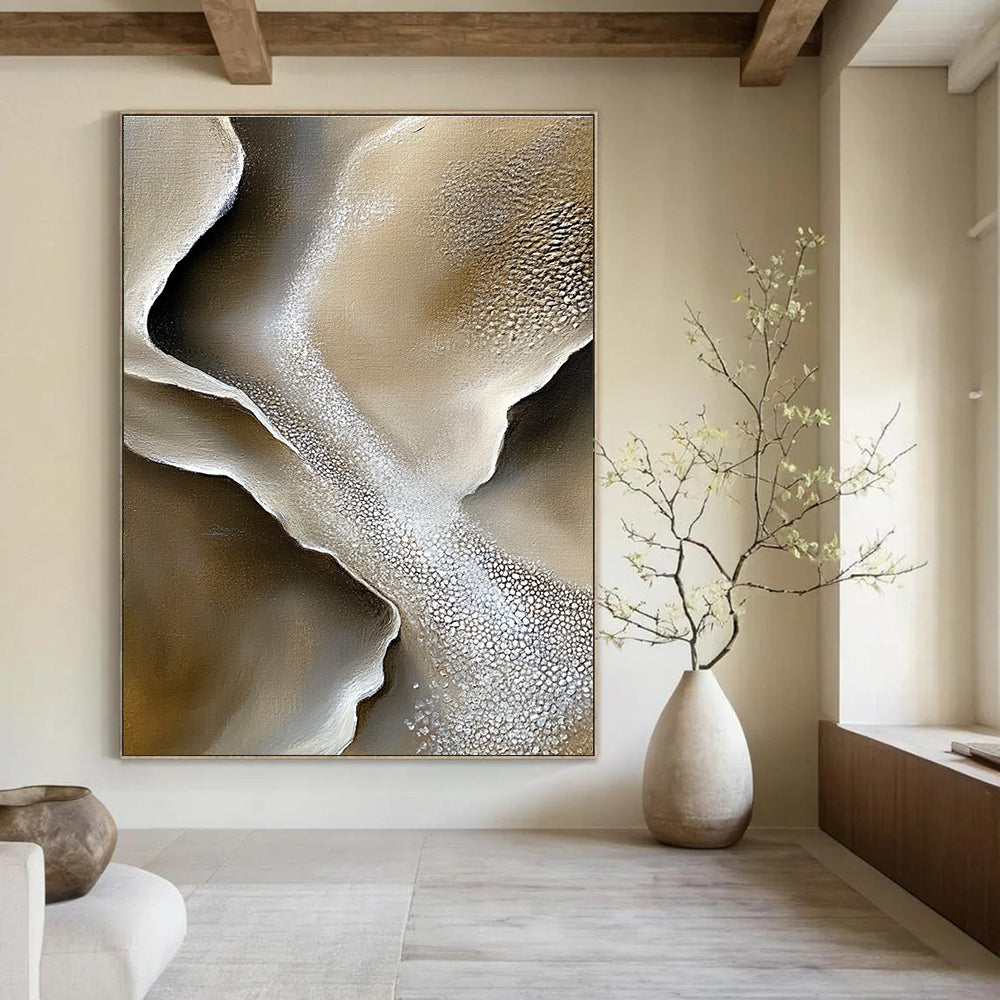 Large abstract painting capturing gray sand dunes and white salt crystals with intricate rock textures and soft lighting in a mysterious natural landscape.STSC530
