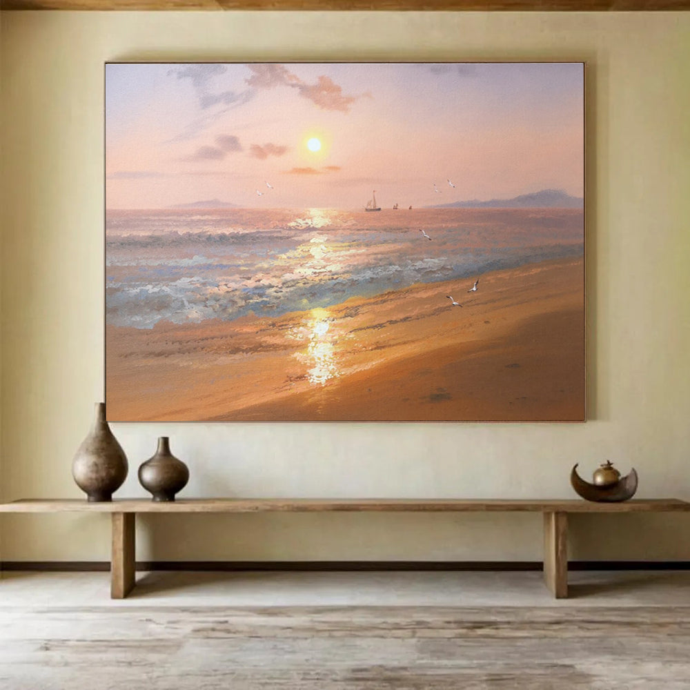 Serene Seaside Sunset Abstract Painting with Warm Coastal Tones THY271